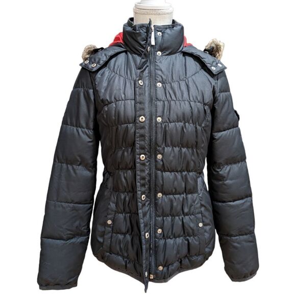 Tommy Hilfiger Black Faux Fur Hood Quilted Puffer Jacket Cinched Waist Size S - Picture 4 of 16